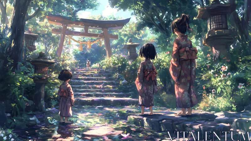 Children in kimonos on stone path to forest shrine.