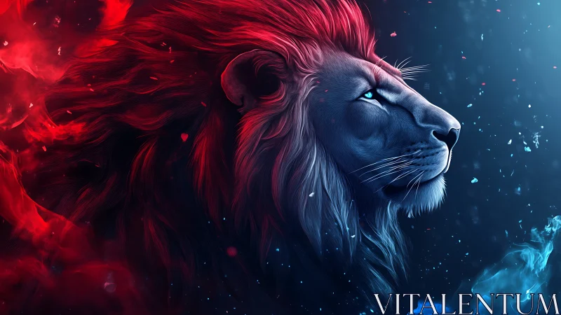 Bi-chromatic lion profile renders mythic power in neon gradients