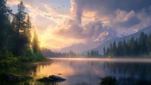 Sunrise over calm mountain lake with forested shoreline.