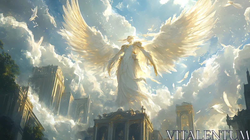 Colossal winged figure rises above clouded monumental city
