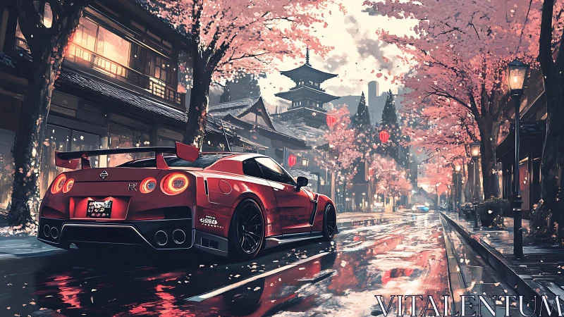 Tuned red GT coupe under cherry blossoms on wet Kyoto street