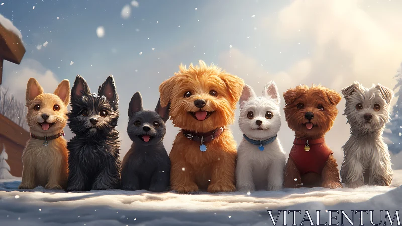 Row of small dogs sitting in snow under soft winter sky.