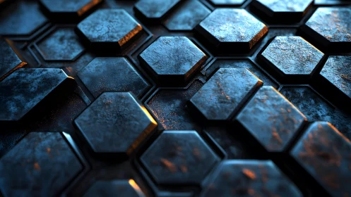 Metallic Hexagonal Tiles with Industrial Texture in Blue Lighting.