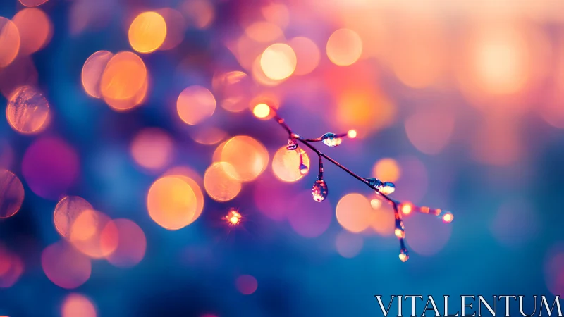 Macro view of wet twig against defocused bokeh lights.