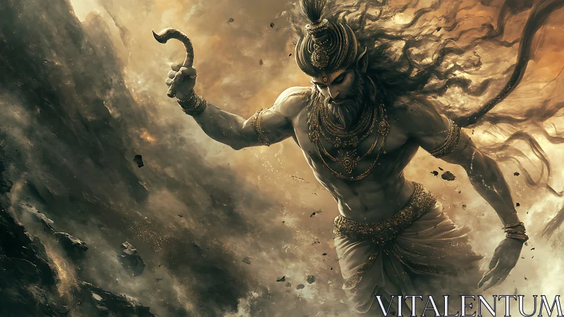 Mythic warrior god storms through swirling celestial chaos.