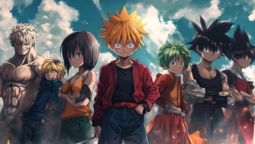 Anime hero ensemble under dynamic cloudlit sky in widescreen