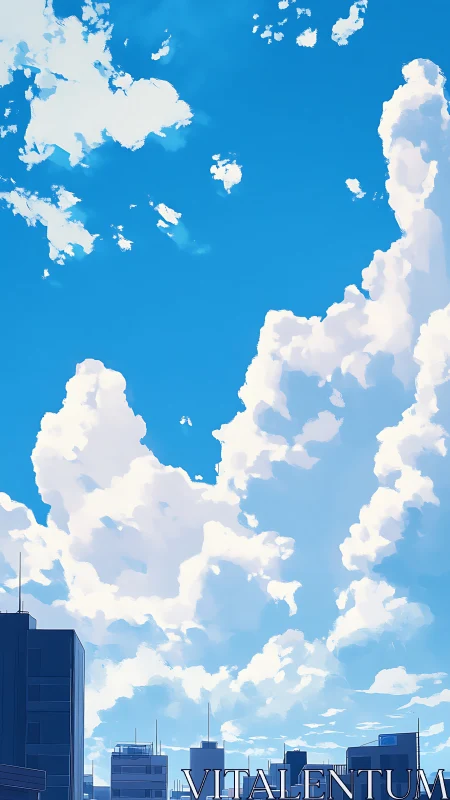 Cumulus cloudscape rendered above low-rise city skyline in anime style
