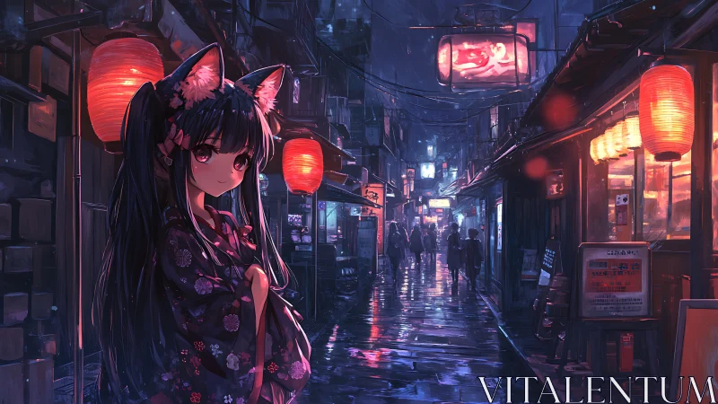 Fox-eared girl in floral yukata on neon lit rainy alleyway
