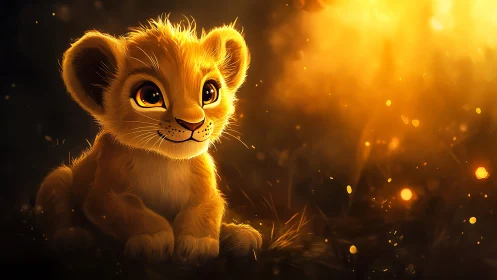 Golden-lit lion cub gazes upward in glowing wonder.