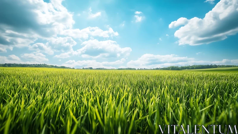 Low-angle summer grassland under cumulus cloud sky panorama