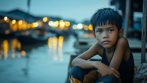 Harbor dusk reflections and a quiet boy&rsquo;s distant wondering.
