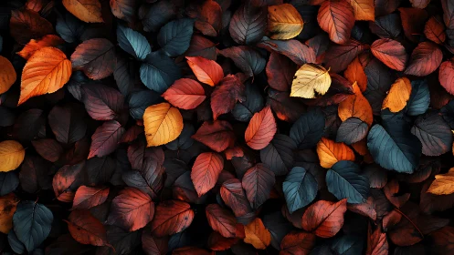 Autumn leaves form a rich tapestry of red, gold, and blue hues.