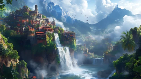 Mystical cliffside city overlooks towering waterfalls and peaks.