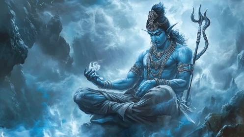 Blue-skinned deity figure seated in mist-filled rocky landscape.