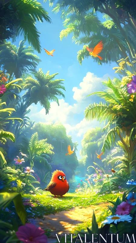Round red bird explores lush tropical jungle path