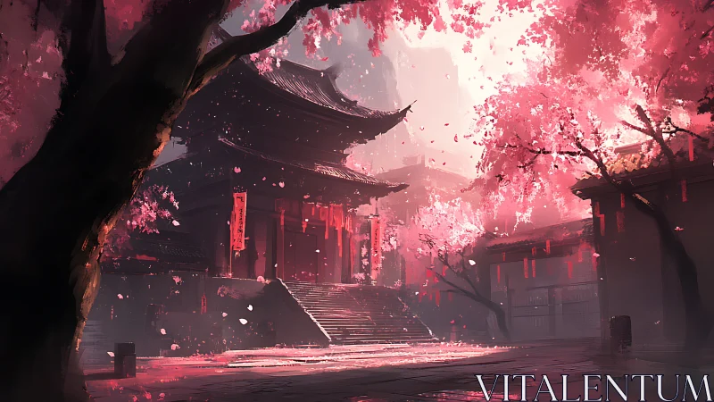 Sunlit temple courtyard wrapped in soft cherry blossoms.