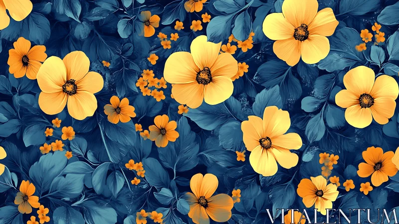 Yellow and Orange Flowers Against Deep Blue Foliage Background