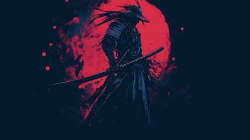 Lone shadow samurai eclipsed by a burning crimson moon.