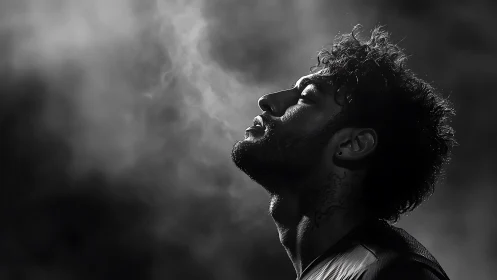 Side profile portrait in smoke with high contrast lighting.