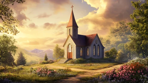 Sunlit country chapel stands amid florid alpine meadow at dusk