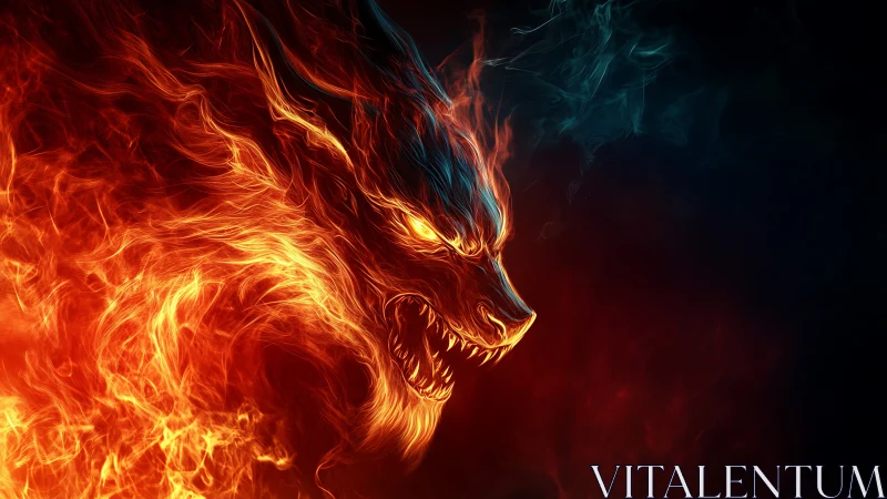 Fiery wolf spirit erupts from darkness in vivid neon flame