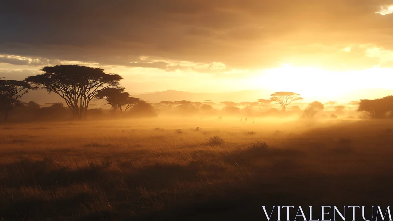 Savanna sunspill over acacia silhouettes in golden hush.