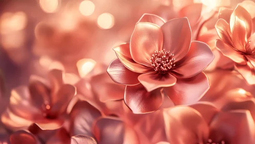 Coral Magnolia Flowers in Soft Golden Bokeh Light