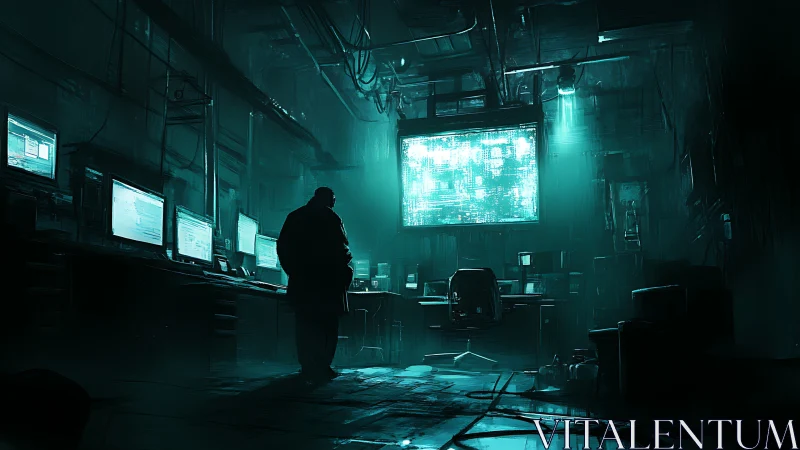 Silhouetted figure in dim cyber control room with monitors.