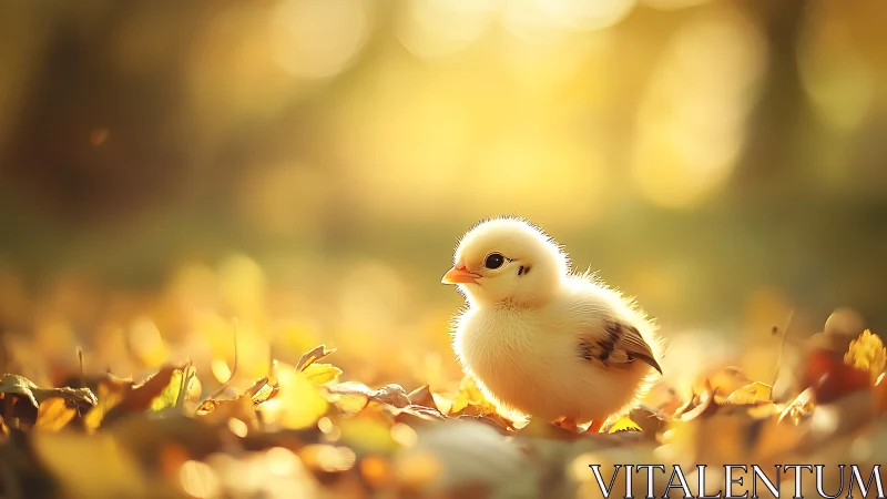 Fluffy chick rests on golden straw in warm sunlight