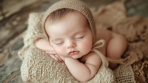 Sleeping newborn in natural tones, peaceful studio portrait.