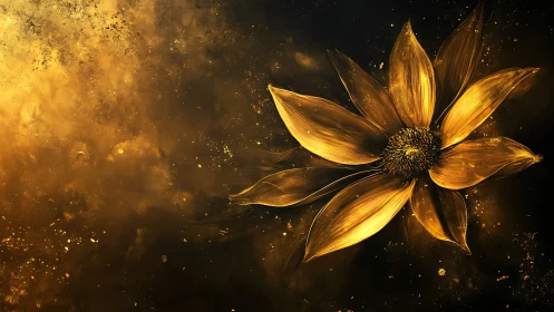 Radiant golden petal structure in nebular particulate field.