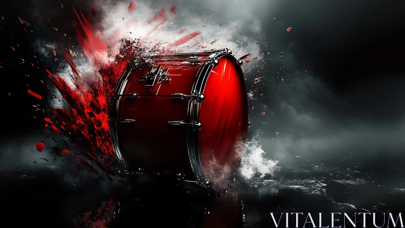 Explosive crimson bass drum detonating in cinematic stormscape.