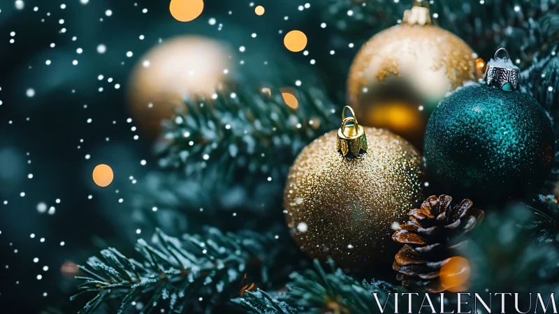 Glittered Christmas baubles on fir branches in snowfall.