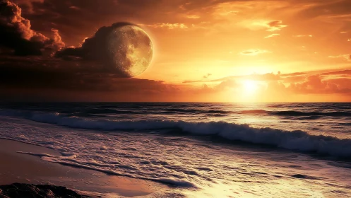 Large moon over ocean waves at orange sunset horizon.