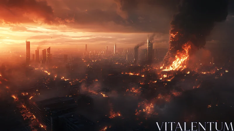 Cinematic cityscape inferno under apocalyptic sunset lighting.
