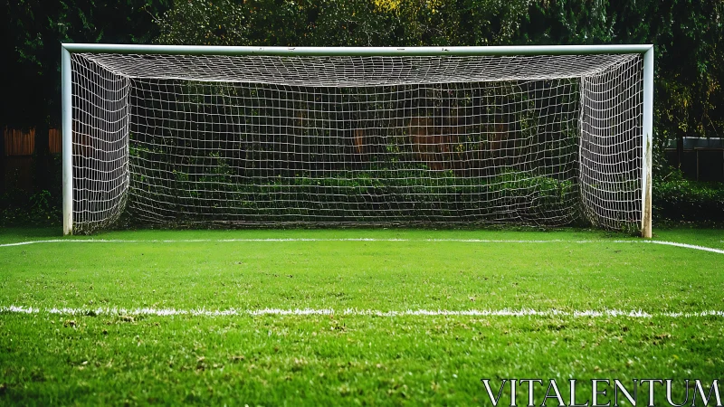 Empty soccer goal on green grass field with netting detail.