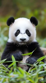 Panda cub sits among dense bamboo leaves in soft focus