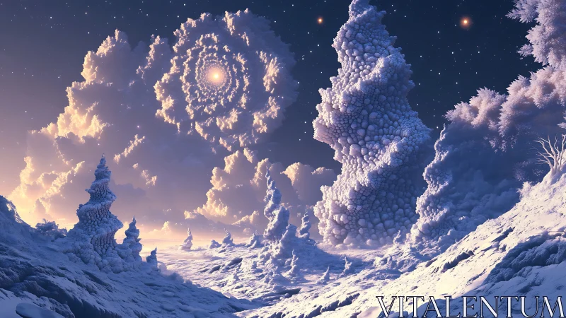 Fractal ice spires rise under a spiral nebula sky at dusk