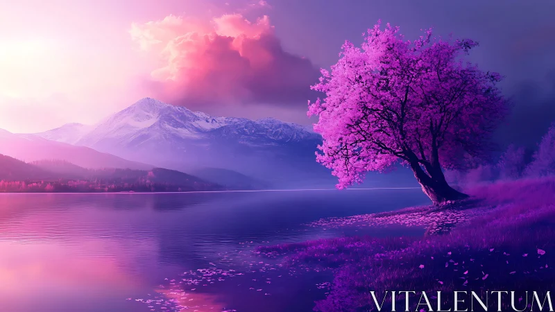 Chromatic alpine lakeside with magenta spectral tree glow.