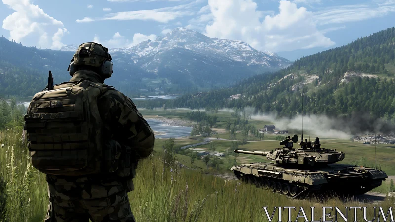 Armored infantry overwatch a modern battle tank in alpine valley