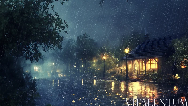 Rainfall over rural lane with illuminated house and trees.