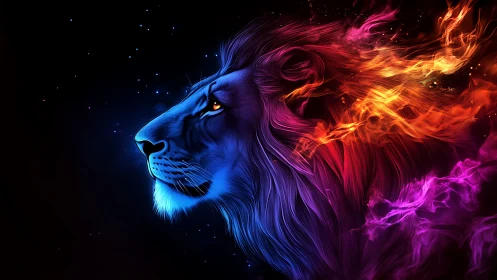 Neon lion profile with multicolor flame mane on black space.