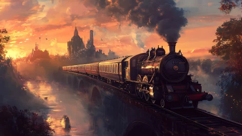 Steam locomotive crossing river bridge at cinematic sunset glow