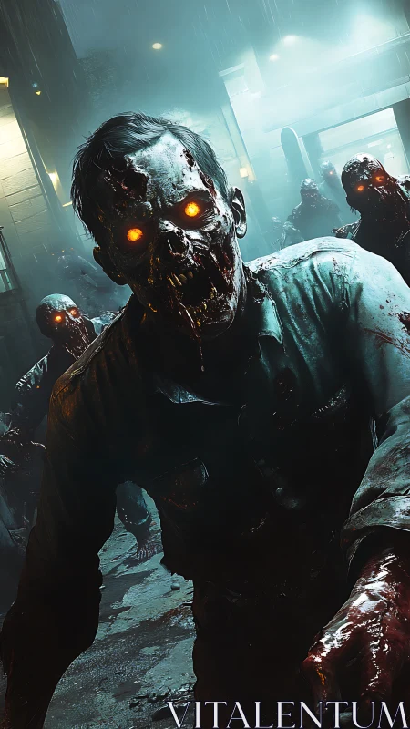 Glowing-eyed zombie advances through rain-soaked alleyway at night.