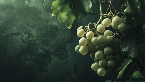Green grapes hang in moody light against dark foliage.