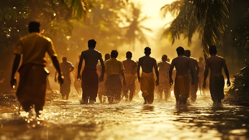 Golden light welcomes villagers walking through sunlit water