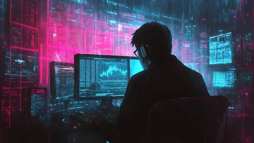 Cyberpunk analyst at workstation with neon data displays.