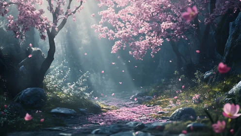 Sunlit cherry blossom forest path with drifting petals.