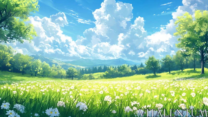 Sunlit wildflower meadow under towering cumulus clouds.