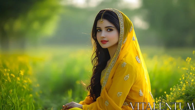 Woman in Yellow Dupatta in Lush Field, Soft Portrait Photography.